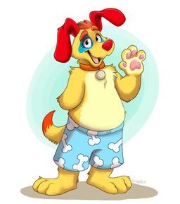 anthro blue_clothing blue_patch bone_pattern_clothing bone_pattern_pants clothing collar fur hand_behind_back male open_mouth open_smile patch_(marking) pawpads raised_hand red_ears simple_background smile solo standing yellow_body yellow_fur orlandofox mutt_&_stuff nickelodeon sid_&_marty_krofft_pictures stuff_(mutt_&_stuff) canid canine canis domestic_dog mammal 2019 hi_res