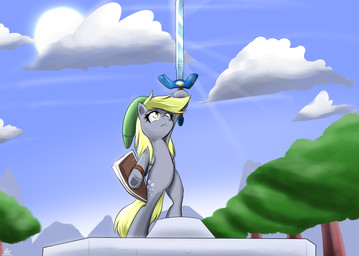 blonde_hair clothing cloud cutie_mark feathered_wings feathers female fur grey_body grey_feathers grey_fur hair hat headgear headwear melee_weapon outside plant shield sky solo sword tree weapon wings yellow_eyes reikomuffin friendship_is_magic hasbro my_little_pony mythology nintendo the_legend_of_zelda derpy_hooves_(mlp) equid equine mammal mythological_creature mythological_equine pegasus crossover