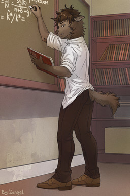algebra anthro biped book bookshelf bottomwear brown_body brown_clothing brown_footwear brown_fur brown_hair brown_shoes chalk chalkboard classroom clothed clothing footwear fully_clothed fur furniture hair holding_book holding_object male math pants school shirt shoes solo standing teacher topwear white_clothing white_shirt white_topwear writing_text iskra canid canine mammal 2015 2:3 digital_media_(artwork) full-length_portrait hi_res portrait shaded