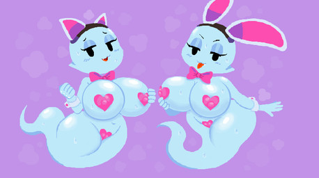 4_fingers bedroom_eyes big_breasts black_eyes blue_blush blue_body blue_breasts blue_eyelids blush blush_lines bodily_fluids breasts bunny_ears_headband camel_toe cat_ear_headband cute_fangs duo eyelashes fake_cat_ears fake_ears fake_rabbit_ears fangs female female_humanoid fingers ghost_tail glistening glistening_breasts glistening_eyelids glistening_shoulders glistening_thighs hand_on_own_breast heart_pasties looking_at_viewer narrowed_eyes navel not_furry pasties pink_pasties purple_background red_tongue seductive shirt_cuffs simple_background sweat sweaty_breasts sweaty_face teeth thick_thighs tongue tongue_out white_shirt_cuffs wide_hipped_female wide_hipped_humanoid wide_hips pangotime mario_bros nintendo paper_mario paper_mario:_the_thousand_year_door lahla_(mario) peeka_(mario) boo_(mario) ghost humanoid spirit 2024 digital_drawing_(artwork) digital_media_(artwork) lineless