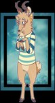 abstract_background anthro antlers blue_clothing blue_eyes blue_sweater blue_topwear bottomless brown_antlers brown_hooves brown_nose clothed clothing eyebrows featureless_crotch fur hoof_hands hooves horn inner_ear_fluff male outline pattern_clothing pattern_sweater pattern_topwear scut_tail short_tail snout solo standing striped_clothing striped_sweater striped_topwear stripes sweater sweater_only tail tan_body tan_eyebrows tan_fur tan_inner_ear tan_inner_ear_fluff topwear topwear_only tuft unguligrade white_outline jaspering mika_(zenliss) cervine deer fallow_deer hybrid mammal new_world_deer white-tailed_deer 2018 alpha_channel digital_drawing_(artwork) digital_media_(artwork) flat_colors full-length_portrait hi_res portrait watermark nonbinary_(lore) trans_(lore) trans_woman_(lore)