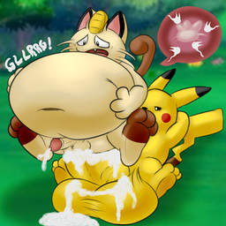 abdominal_bulge anthro balls belly big_balls big_belly big_penis bodily_fluids cum cum_inflation cum_inside duo genital_fluids genitals huge_balls huge_belly huge_penis hyper hyper_balls hyper_belly hyper_genitalia hyper_penis impregnation inflation male male/male male_impregnation male_penetrated penetration penis spread_legs spreading young camp14 nintendo pokemon team_rocket meowth_(team_rocket) generation_1_pokemon pikachu pokemon_(species) 1:1 hi_res
