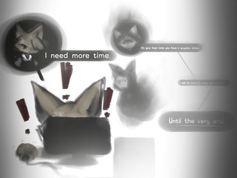 anthro bangs bodily_fluids cloak clothed clothing computer computer_monitor computer_mouse dialogue duo electronics exclamation_point female fur heterochromia kemono one_eye_obstructed speech_bubble sweat tan_body tan_fur text white_body white_fur hasukii hazuki_mikami_(hasukii) herba_(hasukii) canid canine mammal 4:3 english_text