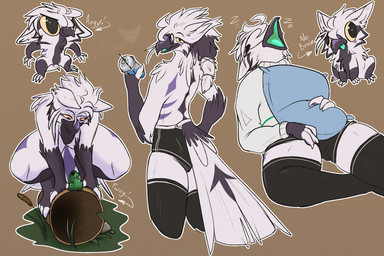 anthro beak blep bottomwear butt claws clothed clothing crouching eyes_closed eyewear feathers front_view glasses grey_markings hair hotpants legwear looking_at_viewer looking_down lying male markings nude on_back open_beak open_mouth pillow purple_markings rear_view shirt shorts simple_background sitting sleeping smile solo standing stockings sweater tail thigh_highs tongue tongue_out topwear wearing_glasses white_body yellow_eyes hoshka amphibian avian bird frog 3:2 digital_media_(artwork) sketch sketch_page