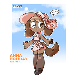 ;3 anthro bow_ribbon breasts brown_body brown_ears brown_fur brown_hair brown_tail clothed clothed_anthro clothed_female clothing cloud day dress emoji_description eyelashes female female_anthro floppy_ears footwear front_view fur hair hat headgear headwear legwear lop_ears mouth_closed one_eye_closed orange_text pawpads pink_clothing pink_dress pink_hat pink_headwear shoes sky solo tail text thigh_highs lnb anna_holiday canid canine canis domestic_dog mammal 1:1 2025 dated digital_drawing_(artwork) digital_media_(artwork) english_text