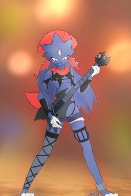 anthro anthrofied black_body black_fur black_hair black_nose blush bottomwear bra chain claws clothed clothing cuff_(restraint) ear_piercing electric_guitar female fur gem guitar hair head_crest legwear long_hair midriff musical_instrument navel piercing playing_guitar playing_music plucked_string_instrument pokemorph pupils restraints shackles shorts simple_background skimpy skinny slit_pupils smile solo string_instrument teeth toe_claws torn_clothing underwear white_claws shu-hoocooh nintendo pokemon fan_character lucy_(shu-hoocooh) generation_4_pokemon pokemon_(species) weavile 2013 hi_res
