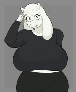 2_horns 4_fingers alternate_costume anthro bent_arm big_breasts big_eyes biped black_clothing black_leggings black_legwear black_shirt black_topwear bodily_fluids breasts claws clothed clothed_anthro clothed_female clothing collarbone curved_eyebrows cute_fangs eyebrows eyelashes fangs female finger_claws fingers floppy_ears flying_sweatdrops front_view fully_clothed fully_clothed_anthro fully_clothed_female fur geometric_background glistening glistening_eyes grey_background hand_behind_back head_tilt horn humanoid_hands iris leggings legs_together legwear light_body light_fur long_ears long_eyelashes long_sleeve_shirt long_sleeves looking_at_viewer lop_ears mature_anthro mature_female midriff motion_lines motion_outline no_pupils open_mouth open_smile pink_tongue red_eyes shirt simple_background smile smiling_at_viewer snout solo standing sweat sweatdrop teeth thick_thighs tongue topwear white_body white_claws white_ears white_eyebrows white_fur white_horn white_sclera wide_eyed lazythegoat undertale undertale_(series) toriel boss_monster_(undertale) bovid caprine goat mammal 2025 digital_drawing_(artwork) digital_media_(artwork) hi_res portrait three-quarter_portrait