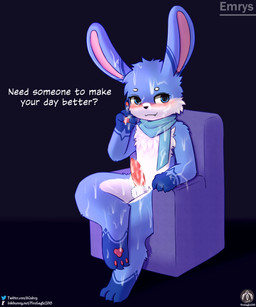 anthro balls blush bodily_fluids claws cum cum_on_body cum_on_face fangs furniture genital_fluids genitals knot male paws penis rabbit_ears scarf sitting sofa solo teeth text senz emrys_(senz) lagomorph leporid mammal rabbit absurd_res english_text hi_res url