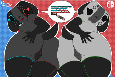 5_fingers abstract_background anthro anus areola armwear big_areola big_breasts big_butt black_armwear black_clothing black_elbow_gloves black_gloves black_handwear black_legwear black_thigh_highs breasts bubble_butt butt clothing curvy_figure dialogue duo elbow_gloves female fingers genitals gloves grey_body hand_on_butt hand_on_own_butt handwear huge_butt huge_hips legwear looking_at_viewer looking_back looking_back_at_viewer mostly_nude mostly_nude_anthro mostly_nude_female nipples open_mouth open_smile plump_labia puffy_nipples rear_view short_tail smile tail talking_to_viewer text thick_thighs thigh_highs voluptuous voluptuous_anthro voluptuous_female vulva wide_hipped_anthro wide_hipped_female wide_hips greey nintendo nintendo_switch nintendo_switch_2 switch_dog switch_dog_2 canid canine canis domestic_dog mammal 2025 absurd_res artist_name digital_drawing_(artwork) digital_media_(artwork) flat_colors hi_res spanish_text translation_check translation_request watermark