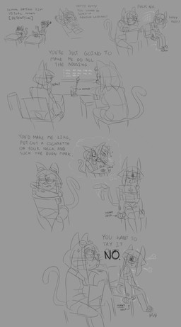anthro chair chalkboard cigarette cross-popping_vein desk detention dialogue duo female female/female furniture leaning leaning_backward leaning_forward licking male profanity school_desk shitpost table tail tail_motion tailwag text thought_bubble tongue komissar_bav gameoverse glitch_productions kaboodle_(gameoverse) kit_bodega malice_(gameoverse) felid feline mammal robot_anthro absurd_res comic english_text hi_res meme monochrome sketch