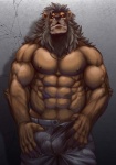 abs anthro areola biceps big_muscles black_nose bottomwear brown_body brown_fur brown_nipples bulge clothed clothing front_view fur grey_hair hair huge_muscles jewelry looking_at_viewer male mane muscular muscular_anthro muscular_male necklace nipples pants partially_clothed pecs pubes red_eyes solo standing topless vein bomb_(artist) felid lion mammal pantherine