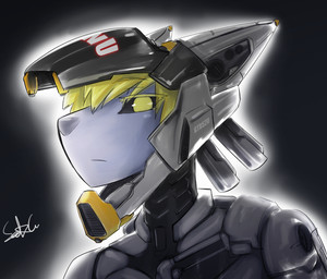 anthro armor blonde_hair female hair headgear helmet robot_suit solo uwu seekgr mai_(seekgr) bust_portrait portrait