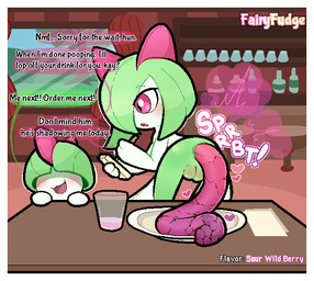 anus bent_over beverage blush border casual_pooping colored_feces container cup dialogue duo fart feces feces_as_food feces_on_plate feces_pile female female_pooping flavored_scat food_feces genitals glass glass_container glass_cup hands_on_table heart_symbol looking_back lying male obscured_eyes on_back open_mouth open_smile pink_feces plate plump_labia pooping pooping_on_plate purple_feces rear_view restaurant scatplay sex smile sound_effects speech_bubble table_lotus_position talking_to_viewer text unusual_feces vowelless vowelless_sound_effect vulva waiter white_border window writing_utensil fairyfudge nintendo pokemon generation_3_pokemon humanoid kirlia pokemon_(species) ralts aliasing digital_media_(artwork) english_text signature