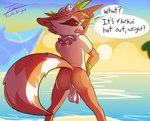 anthro backsack balls beach bottomless bottomless_male brown_body butt clothed clothing day dialogue foreskin genitals hat headgear headwear humanoid_genitalia humanoid_penis looking_at_viewer looking_back looking_back_at_viewer male outside penis public rear_view sea shirt solo sun sun_hat tail text topwear unretracted_foreskin water yellow_eyes prate-dragon guardians_of_the_galaxy marvel rocket_raccoon mammal procyonid raccoon english_text hi_res