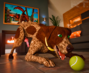 anatomically_correct anatomically_correct_genitalia anatomically_correct_penis animal_genitalia animal_penis aroused ball balls bodily_fluids canine_genitalia canine_penis collar detailed_background erection feral fireplace fur furniture genital_fluids genitals green_eyes happy inside knot knotted_penis leaking_precum male male_feral markings open_mouth penis playful playing precum quadruped raised_tail sheath sofa solo tail teeth tennis_ball tongue vein veiny_penis raytross kaerfflow_(modeler) zealotdkd_(modeler) canid canine canis domestic_dog german_shorthaired_pointer mammal 2026 3d_(artwork) 4k blender_(artwork) blender_cycles_(artwork) digital_media_(artwork) hi_res watermark