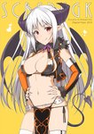 big_breasts breasts female hair hand_on_hip horn humanoid_pointy_ears long_hair looking_at_viewer membrane_(anatomy) membranous_wings navel not_furry pointy_ears red_eyes simple_background smile solo spade_tail tail text tongue tongue_out white_hair wings yellow_background oota_yuuichi demon demon_humanoid humanoid 2019 english_text hi_res