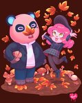 anthro autumn black_body black_fur chibi clothed clothing duo female fur hat headgear headwear humanoid_hands leaf male shirt topwear magnta animal_crossing nintendo chow_(animal_crossing) magntasona villager_(animal_crossing) bear giant_panda human mammal 2020