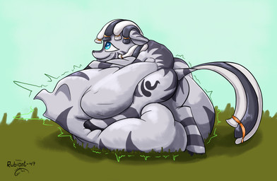 abdominal_bulge accessory ambiguous_gender ambiguous_prey blue_eyes cutie_mark dreadlocks feral feral_pred fully_inside grey_body hair_accessory hair_tie hooves male male_pred mane offscreen_character size_difference smaller_pred solo stripes vore gyrotech rubiont-47 hasbro my_little_pony mythology ruzeth avian equid equine gryphon mammal mythological_avian mythological_creature zebra absurd_res hi_res