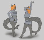 anthro big_tail bottomwear butt clothing crop_top female flat_chested grey_body hair hand_on_hip hands_above_head hotpants huge_tail long_sleeves orange_eyes orange_hair shirt shorts smile solo stretching tail text text_on_bottomwear text_on_clothing text_on_hotpants text_on_shorts thick_thighs topwear turnaround wide_hips cosmicminerals meme_clothing you_are_not_immune_to_propaganda emille_selachi fish hybrid marine shark 2019 hi_res meme