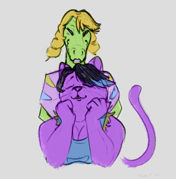 anthro breasts cleavage clothed clothing duo eyes_closed female female/female hand_on_face lipstick makeup open_mouth overalls simple_background smile standing_behind bunpicker undertale_(series) bratty_(undertale) catty_cattenheimer alligatorid crocodilian felid feline mammal reptile scalie bust_portrait colored digital_media_(artwork) hi_res portrait procreate_(artwork) sketch