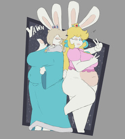 4_fingers anthro bent_arm bent_leg big_breasts blonde_hair blue_clothing blue_dress breasts clothed clothed_anthro clothed_female clothing crown dress duo ear_piercing eyebrow_through_hair eyebrows eyes_closed featureless_feet feet female female_anthro fingers fur gem gesture grey_background hair hand_gesture hand_pawpads headgear heart_symbol lips long_ears long_hair multicolored_body navel navel_outline noseless open_mouth pawpads piercing pink_clothing pink_shirt pink_tongue pink_topwear pose ruby_(gem) sapphire_(gem) shirt simple_background slightly_chubby slightly_chubby_anthro slightly_chubby_female smile smiling_at_viewer star_ear_piercing tail tan_body tan_inner_ear tan_lips tan_pawpads tan_skin text thick_thighs thin_eyebrows tongue topwear translucent translucent_hair two_tone_body v_sign white_body white_fur white_tail yawn buleruby mario_bros mario_plus_rabbids_kingdom_battle mario_plus_rabbids_sparks_of_hope nintendo raving_rabbids rayman_(series) ubisoft rabbid_peach rabbid_rosalina lagomorph mammal rabbid 2025 absurd_res artist_name colored_sketch crossover digital_drawing_(artwork) digital_media_(artwork) english_description hi_res shaded simple_shading sketch