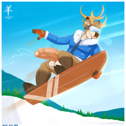 action_pose anthro antlers balls big_balls big_penis board bodily_fluids bottomless brown_body brown_fur clothed clothing day detailed_background extreme_sports eyewear foreskin fur genital_fluids genitals gloves goggles grab_(extreme_sports) half-erect handwear hooves horn huge_balls huge_penis humanoid_genitalia humanoid_penis jacket jumping male manly muscular muscular_anthro muscular_male nipples open_mouth outside pecs penis plant pose precum sky smile snow snowboard snowboarding solo tongue tongue_out topless topwear tree vein veiny_penis white_balls white_body white_fur winter aaron_(artist) deer mammal 1:1 2016 digital_media_(artwork) hi_res