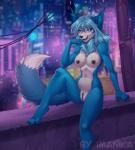 4_toes 5_fingers anthro areola blue_body blue_eyes blue_fur blue_hair breasts feet female fingers fur genitals hair navel nipples nude open_mouth pussy smile solo teeth toes tongue imanika zoe_zamora canid canine fox mammal 2019 digital_media_(artwork)