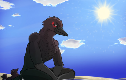 anthro beach beak black_body black_feathers blue_sky cloud feathers feral group looking_at_viewer male nude outside sand seaside sky smile solo summer sun water geno28 dungeons_and_dragons hasbro wizards_of_the_coast feng_(geno28) avian bird corvid corvus_(genus) crow kenku oscine passerine digital_media_(artwork) hi_res