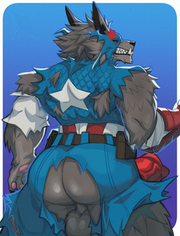 angry anthro army aroused aroused_male back_muscles backsack balls barazoku belt biceps big_balls big_butt big_muscles big_penis blue_background blue_bottomwear blue_clothing blue_pants blue_shirt blue_topwear bottomwear brown_belt brown_body brown_clothing brown_fur butt butt_focus clenched_teeth clothing erection exposed_butt fangs fangs_bared fierce fierce_expression fur genitals gloves growling handwear looking_at_viewer looking_back looking_back_at_viewer low-angle_view male manly military muscular muscular_anthro muscular_arms muscular_male muscular_thighs pants pawpads penis rear_view red_clothing red_gloves red_handwear red_penis red_shirt red_topwear shirt simple_background soldier solo standing stern stern_look superhero superhero_costume teeth thick_arms thick_thighs topwear torn_bottomwear torn_clothing torn_pants torn_shirt torn_sleeves torn_topwear vein veiny_penis warrior white_clothing white_shirt white_topwear xenonnero marvel marvel_rivals mythology captain_america capwolf canid canine canis mammal mythological_canine mythological_creature werecanid werecanine werecreature werewolf wolf hi_res