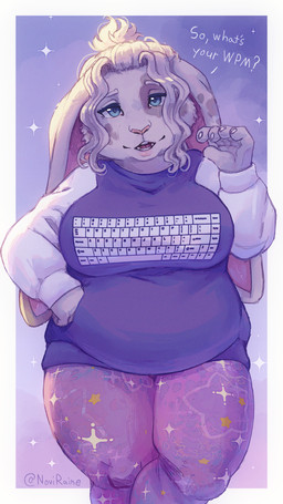 5_fingers anthro belly_overhang big_breasts blue_eyes border breasts buckteeth claws clothed clothing computer_keyboard dialogue ear_markings eyebrows eyelashes facial_markings female fingers fully_clothed fur grey_markings hair hand_on_hip head_markings leggings legwear lips long_ears looking_at_viewer markings multicolored_clothing multicolored_sweater multicolored_topwear open_mouth open_smile overweight overweight_female pattern_clothing pattern_leggings pattern_legwear pink_inner_ear pink_leggings pink_lips pink_nose purple_clothing purple_sweater purple_topwear simple_background smile solo star_symbol sweater talking_to_viewer teeth text thick_thighs tied_hair topwear two_tone_clothing two_tone_sweater two_tone_topwear white_body white_border white_fur wide_hips noviraine fern_(tasanko) lagomorph leporid mammal rabbit 2025 digital_media_(artwork) english_text signature