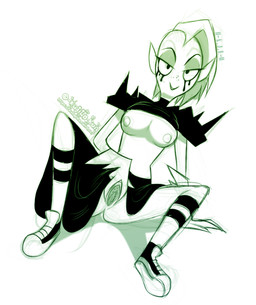 areola bottomwear breasts clothed clothing eyebrows female fingers footwear freckles genitals gloves hair half-closed_eyes handwear humanoid_pointy_ears looking_at_viewer narrowed_eyes noseless not_furry pointy_ears raised_bottomwear raised_clothing raised_topwear shoes simple_background socks solo spread_legs spread_vulva spreading text topwear vulva white_background kuuakun disney wander_over_yonder lord_dominator alien alien_humanoid humanoid absurd_res artist_name hi_res url