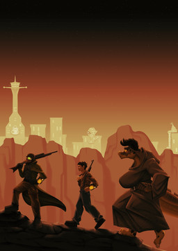 anthro big_breasts big_tail breasts building cloak clothing cosmic_background duster_coat female glowing glowing_eyes group gun horn huge_breasts male pip-boy ranged_weapon rifle rifle_sling sky star starry_background starry_sky tail trio walking weapon gamesfan fallout microsoft the_courier_(fallout) deathclaw human mammal scalie absurd_res digital_media_(artwork) hi_res