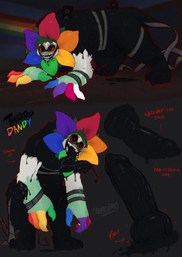 all_fours black_body black_fur black_tongue bodily_fluids claws digitigrade fangs film_reel flower fur genitals knot leaf leaf_hair long_tongue looking_at_viewer male nude open_mouth penis plant plant_hair pseudo_hair red_eyes sharp_teeth smile solo speaker standing tail teeth text tongue tongue_out sabbasarts blushcrunch_studio dandy's_world roblox t.dandy_(dandy's_world) elemental_creature flora_fauna flower_creature twisted_(dandy's_world) english_text hi_res model_sheet