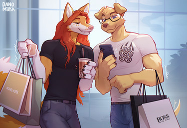anthro belt biped bottomwear cellphone claws clothed clothed_anthro clothed_male clothing duo electronics eyewear fingers front_view fully_clothed fully_clothed_anthro fully_clothed_male fur glasses hair holding_object male pants phone shirt smile standing tail teeth topwear danomil canid canine canis domestic_dog mammal 2026 digital_drawing_(artwork) digital_media_(artwork)