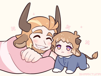 ^_^ age_difference aged_down all_fours beard blonde_hair brown_hair chibi clothing duo eyebrows eyes_closed facial_hair hair horn larger_male male neonate older_male onesie size_difference smaller_male smile tail tail_tuft tuft young young_humanoid young_male younger_male sharktunarts arknights hypergryph studio_montagne bison_(arknights) eurill_pides_(arknights) animal_humanoid bovid bovid_humanoid bovine bovine_humanoid cattle_humanoid humanoid mammal mammal_humanoid 2020 father_(lore) father_and_child_(lore) father_and_son_(lore) parent_(lore) parent_and_child_(lore) parent_and_son_(lore) son_(lore)