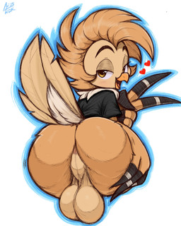 anthro anus backsack balls beak big_balls big_butt bottomless bottomless_anthro bottomless_male butt clothed clothing feather_hands feathers genitals heart_symbol male open_beak open_mouth perineum presenting presenting_hindquarters shirt solo tail tail_feathers tan_body tan_feathers topwear yellow_eyes aer0_zer0 dan_the_barn_owl avian barn_owl bird owl tyto tytonid 2025 4:5 absurd_res hi_res