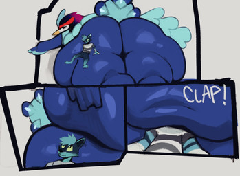 ambiguous_gender anthro big_butt blue_body blue_fur butt duo feathers fur head_between_buttocks huge_butt looking_back lying macro male male/ambiguous on_front simple_background sitting_on_butt size_difference smothering spread_butt spreading stuck thick_thighs jojobiz nintendo pokemon glitch_(glitch308) avian felid feline generation_9_pokemon mammal pokemon_(species) quaquaval 2025 comic hi_res multiple_scenes