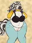 anthro big_breasts blue_eyes blush bottomwear bra breasts clothing denim denim_bottomwear denim_clothing female genitals hair jeans overweight pants pussy smile solo sweater tail thick_thighs topwear turtleneck underwear undressing yuckydizzy laura_(mcdoogle) equid equine mammal zebra absurd_res hi_res father_(lore) parent_(lore)