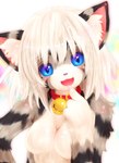 anthro bell bell_collar blue_eyes blush breasts claws collar featureless_breasts female fur grey_body grey_fur hair looking_at_viewer nude open_mouth short_hair solo striped_body striped_fur stripes whiskers white_hair young young_anthro tetetor-oort karin_(tetetor-oort) domestic_cat felid feline felis mammal tabby_cat 2015 hi_res