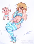 anthro armwear bedding bedding_background big_ears biped blonde_hair blue_armwear blue_choker blue_clothing blue_footwear blue_jewelry blue_legwear blue_necklace blue_socks blue_thigh_highs blue_thigh_socks blue_topwear bottomwear bulge choker clothed clothed_plushie clothing crossdressing ear_piercing eyebrow_through_hair eyebrows eyelashes eyewear femboy footwear glasses green_eyes hair jewelry legwear lips lying male markings mole_(marking) navel navel_piercing necklace on_back panties pattern_armwear pattern_bottomwear pattern_clothing pattern_footwear pattern_legwear pattern_panties pattern_socks pattern_thigh_highs pattern_thigh_socks pattern_underwear piercing plushie rectangular_glasses socks solo striped_armwear striped_bottomwear striped_choker striped_clothing striped_footwear striped_legwear striped_panties striped_socks striped_thigh_highs striped_thigh_socks striped_underwear stripes thigh_highs thigh_socks topwear translucent translucent_hair underwear womb_tattoo dizzyt lagomorph leporid mammal rabbit 2020 artist_name digital_media_(artwork) shaded