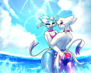 anthro balls biped blue_body blush butt butt_grab clothing duo erection_through_clothing eyebrows eyeliner fur genitals hand_on_butt licking licking_lips makeup male multicolored_body one_eye_closed purple_body standing swimwear tongue tongue_out white_body white_fur anglo nintendo pokemon anglo_(anglo) generation_5_pokemon mienshao pokemon_(species) absurd_res hi_res