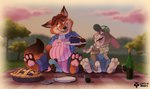 anthro apron belly black_nose bodily_fluids bottomwear bulge clothing duo feet food genital_fluids hat headgear headwear male male/male masturbation open_mouth overalls pants pastry pie precum shirt sitting slightly_chubby text topwear underwear catsnbriefs disney zootopia gideon_grey stu_hopps canid canine fox lagomorph leporid mammal rabbit 2025 english_text hi_res