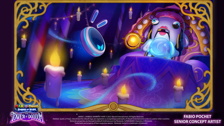 anthro black_eyelids black_hair blue_carpet blue_eyes blue_inner_ear border candle clothing crystal_ball derp_eyes duo ear_piercing ear_ring eyelashes female fire floating_candle floating_ears fortune_teller furrowed_eyebrows gold_(metal) gold_tooth hair headgear headkerchief headwear hoop_ear_ring inside kerchief light limbless lips lit_candle long_hair machine male mitten_hands mouthless noseless pawpads piercing pole purple_chair purple_tablecloth red_headkerchief red_kerchief red_lips ring_piercing screen screen_face sitting sparkles string_lights tan_pawpads text white_body yellow_border fabio_pochet mario_bros mario_plus_rabbids_kingdom_battle mario_plus_rabbids_sparks_of_hope nintendo raving_rabbids rayman_(series) ubisoft beep-0 madame_bwahstrella animatronic hybrid lagomorph mammal rabbid robot 16:9 2023 4k absurd_res artist_name colored concept_art crossover digital_drawing_(artwork) digital_media_(artwork) english_description english_text hi_res lighting official_art shaded widescreen male_(lore)
