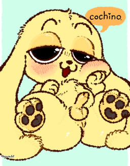 anthro anus balls bedroom_eyes black_eyes black_nose black_pawpads blush blush_lines butt fur genitals half-closed_eyes hand_on_face hand_on_own_face heart_symbol looking_at_viewer lying male narrowed_eyes on_back pawpads penis rear_view seductive small_balls small_penis smile solo speech_bubble text thick_thighs yellow_body yellow_ears yellow_fur bananapop chikn_nuggit chikn_nuggit_(chikn_nuggit) canid canine canis domestic_dog mammal 2025 artist_name digital_media_(artwork) hi_res spanish_text translated