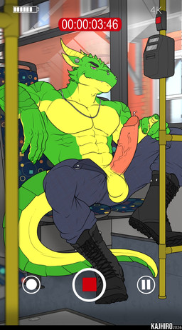abs anthro balls bodily_fluids boots bottomwear clothed clothing ear_piercing erection facial_piercing footwear genital_fluids genitals green_body horn humanoid_genitalia humanoid_penis legwear looking_at_viewer male muscular muscular_anthro muscular_male nose_piercing nose_ring open_bottomwear open_clothing pants pecs penis piercing public public_erection public_exposure public_nudity public_transportation recording_video ring_piercing scales shirtless_male shoes smile solo spread_legs spreading tail text vehicle kajhiro mythology derg_(character) dragon mythological_creature mythological_scalie scalie wingless_dragon digital_media_(artwork) hi_res