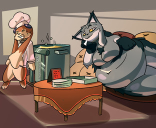 ambiguous_gender anthro belly belly_expansion belly_inflation big_belly big_breasts big_butt bloated breasts butt clothing duo expansion feederism female food food_fetish huge_belly inflation male male/female navel onomatopoeia overweight overweight_anthro sound_effects stuffing text weight_gain phantomdgen felid feline lagomorph leporid lynx mammal rabbit colored digital_drawing_(artwork) digital_media_(artwork)