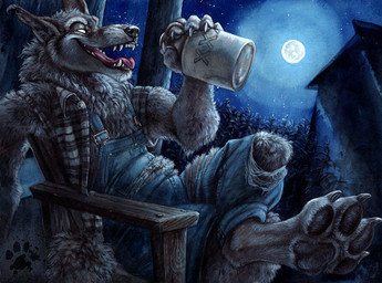 alcohol anthro beverage biped claws detailed_background drunk feet food full_moon hairy hindpaw holding_object light male moon moonlight night outside paws sitting sky solo star starry_sky substance_intoxication blotch canid canine canis mammal wolf cool_colors detailed