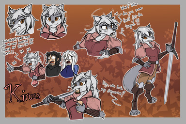 abstract_background anthro armor bodily_fluids crying_laughing dialogue eating eating_food female fur greatsword grey_body grey_fur grey_hair group hair knee_pads laugh melee_weapon pouch_(anatomy) pouch_purse shawarma smile sword tears text trio vambrace weapon redahfuhrerking damurah kiruss canid canine canis human humanoid mammal wolf 3:2 absurd_res english_text hi_res multiple_images sketch
