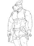 anthro army eyewear frown goggles gun harness knife male muscular ranged_weapon solo stern_look weapon simonsbathtub canid canine canis mammal wolf monochrome sketch story story_in_description