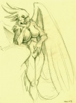 anthro beak biped breasts feathered_wings feathers female genitals nipples non-mammal_breasts non-mammal_nipples nude pose pussy solo standing wings ayame_emaya mythology pico_(ayame_emaya) avian bird cockatoo gryphon mythological_avian mythological_creature parrot 2003 monochrome sketch